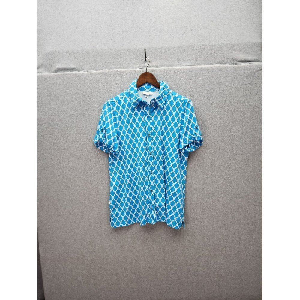 Charter Club Womens Blue & White Geometric Short Sleeve Button-Up Shirt Size L